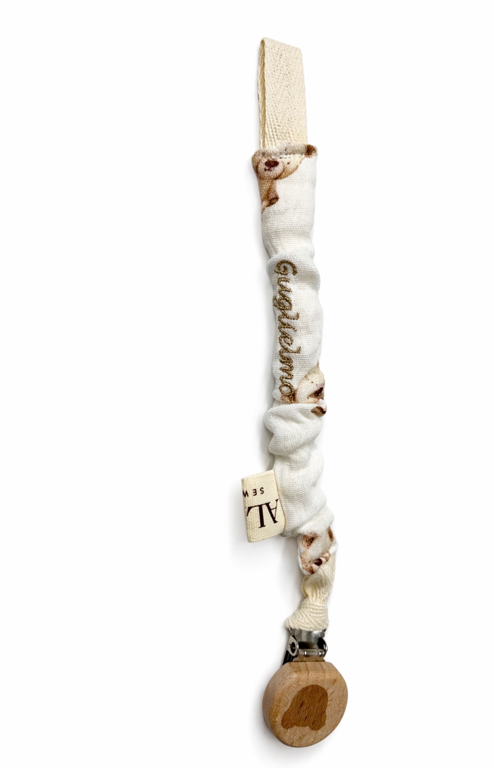 Clip porta ciuccio personalizzata con nome – mussola bianca con orsetti