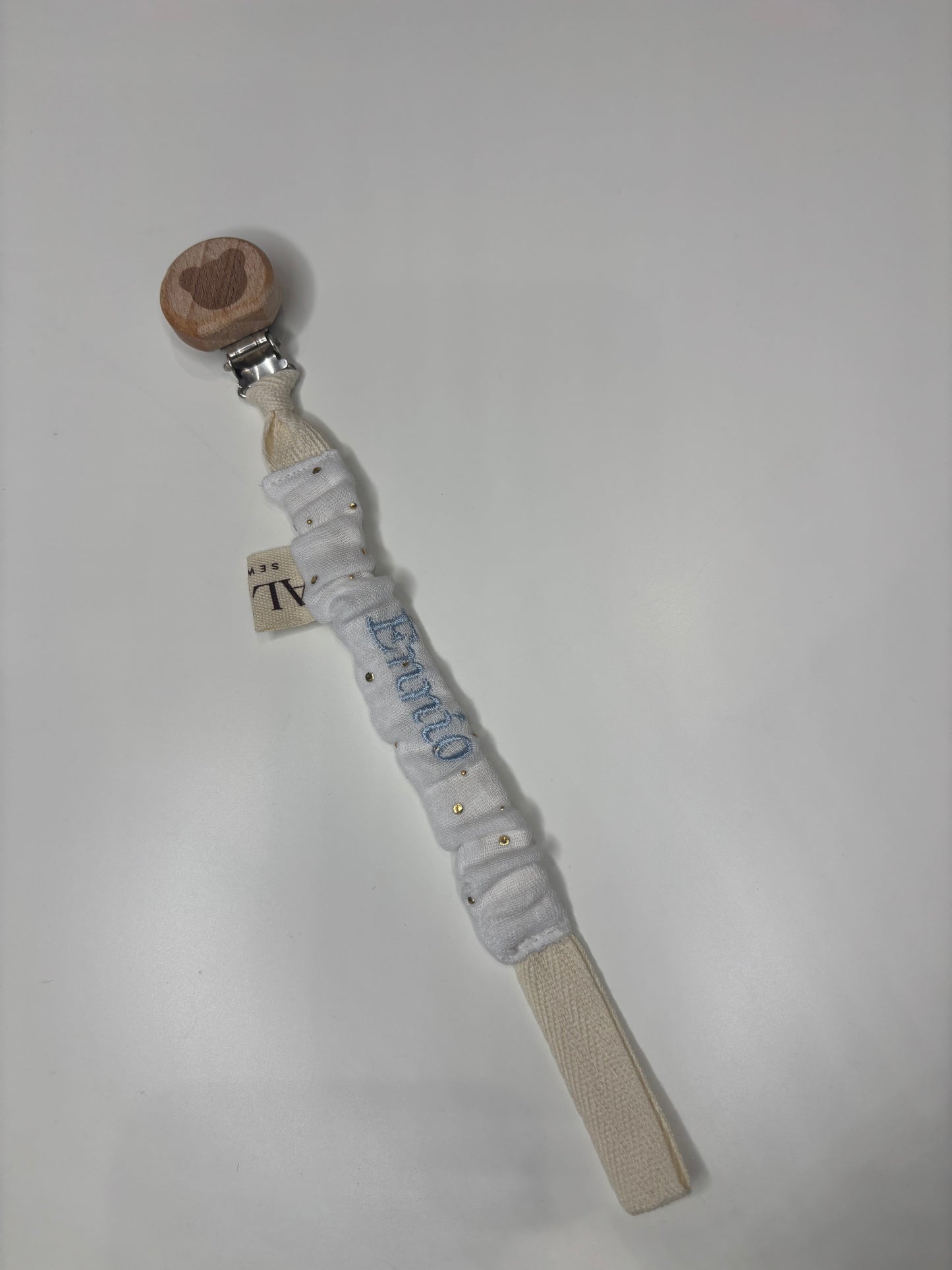 Clip porta ciuccio personalizzata con nome – mussola bianca in cotone