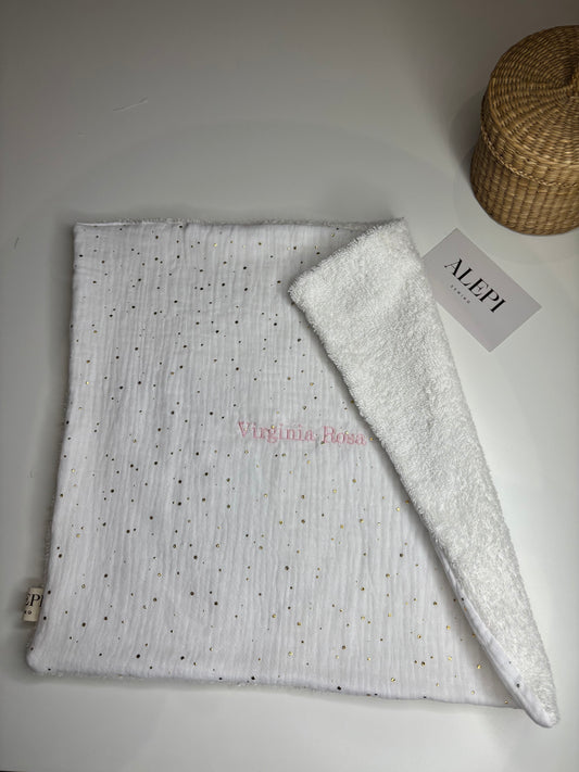 Tovaglietta asilo neonato personalizzata con nome – mussola bianca glitter