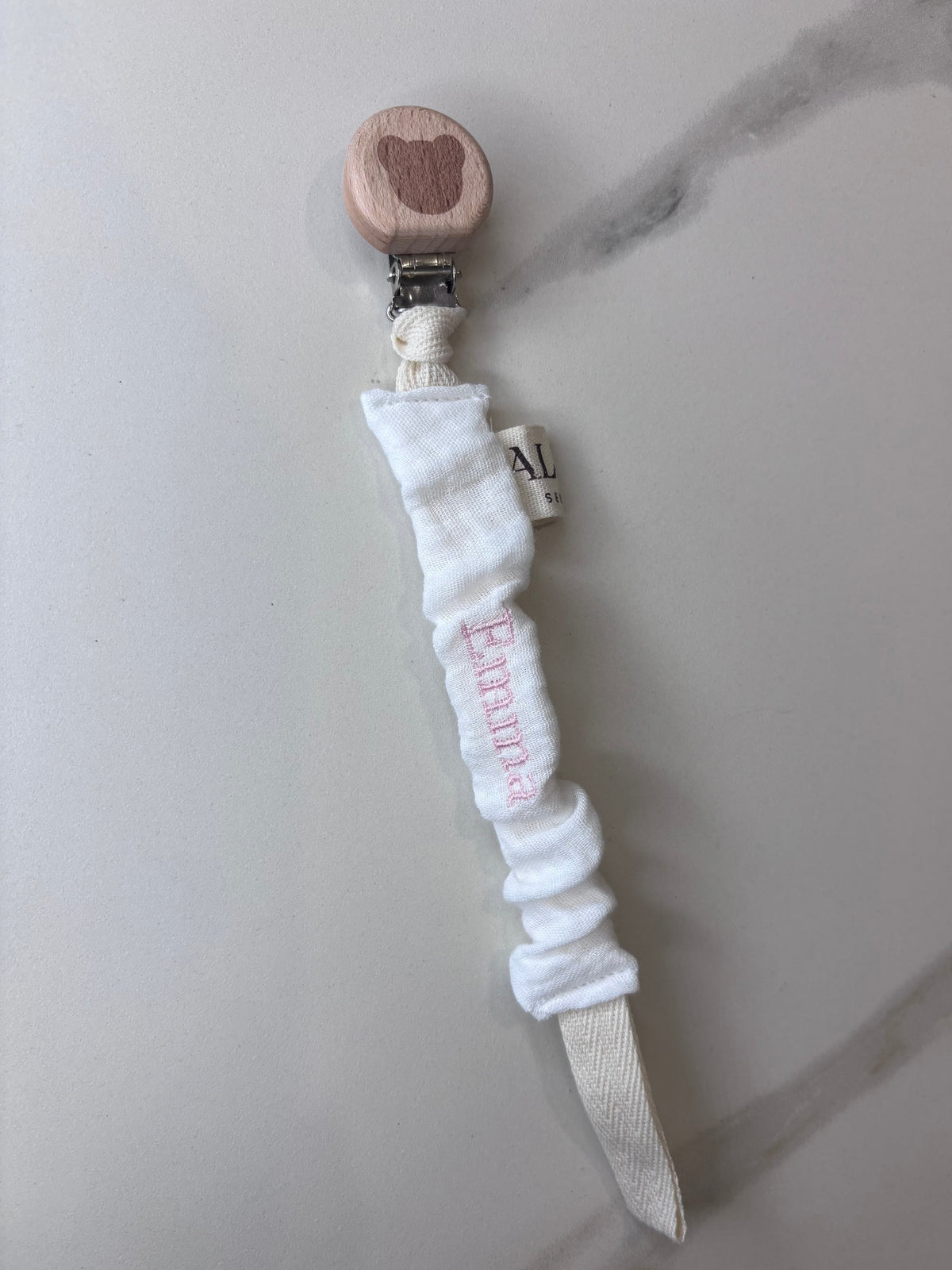 Clip porta ciuccio personalizzata con nome – mussola bianca in cotone
