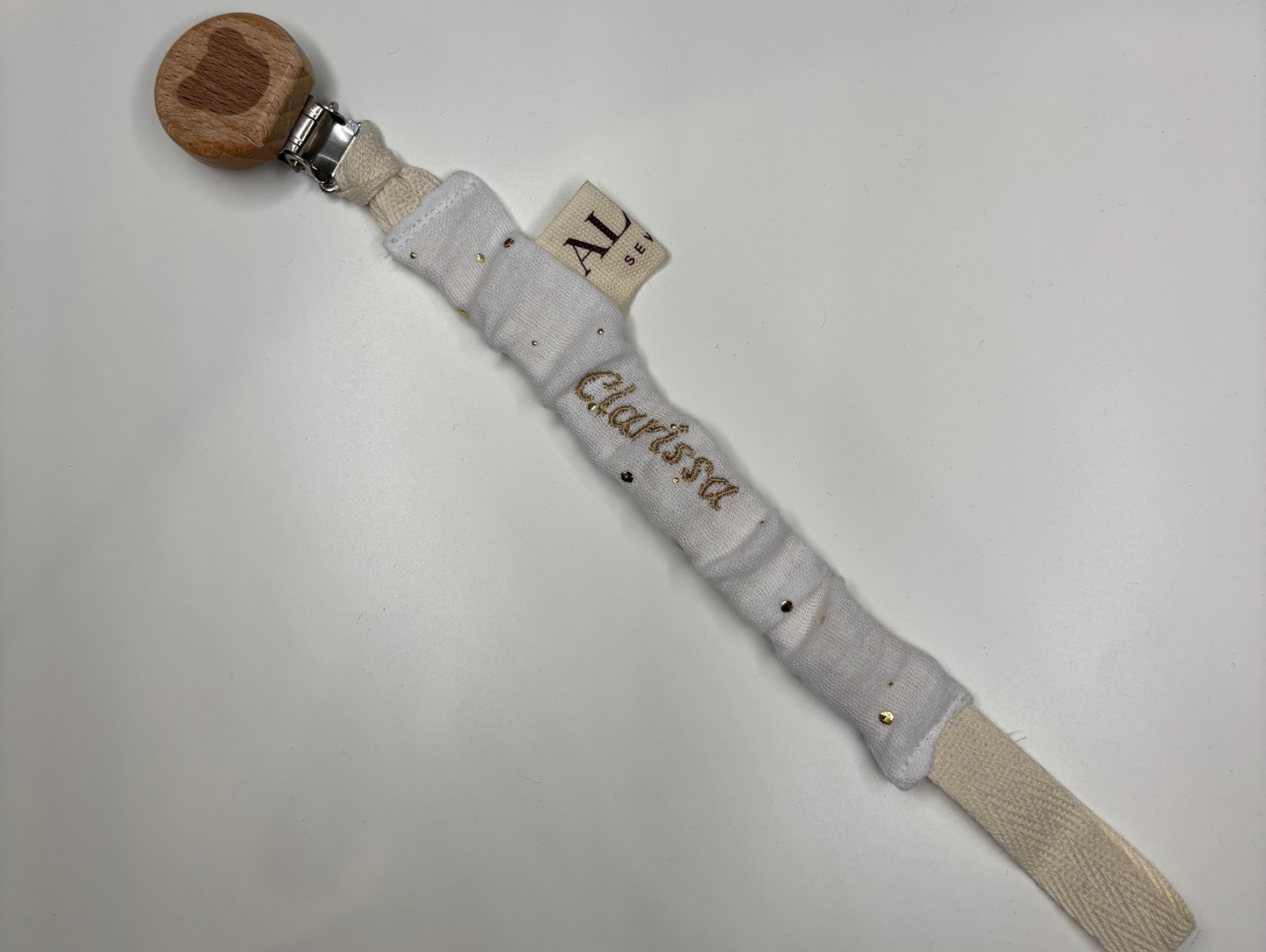 Clip porta ciuccio personalizzata con nome – mussola bianca in cotone