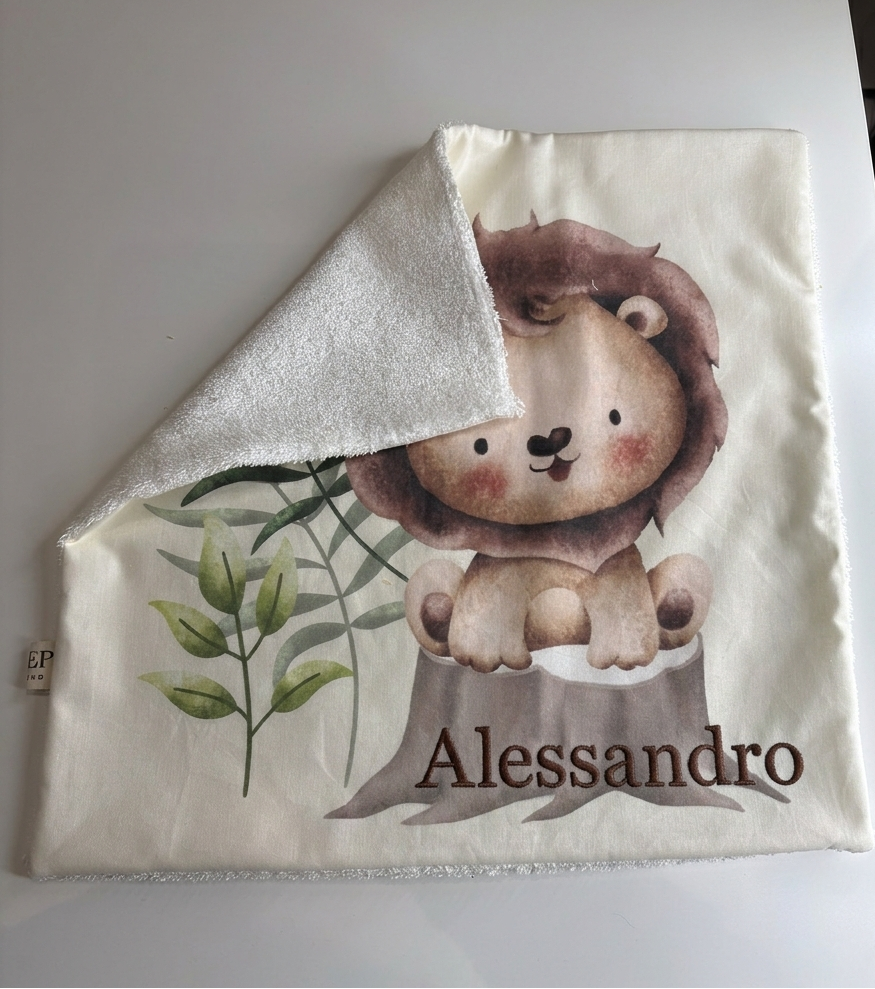 Tovaglietta asilo neonato savana leone personalizzata con nome – cotone OEKO TEX