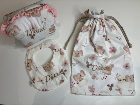 Set asilo neonato personalizzato elefantini – sacca, bavaglino e beauty case