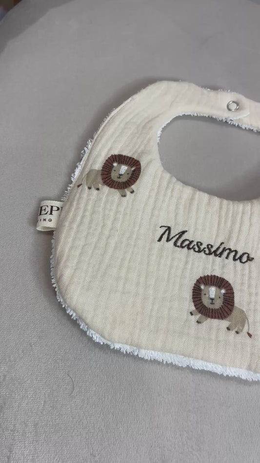 Bavaglino neonato Leoncini personalizzato con nome – Mussola Beige